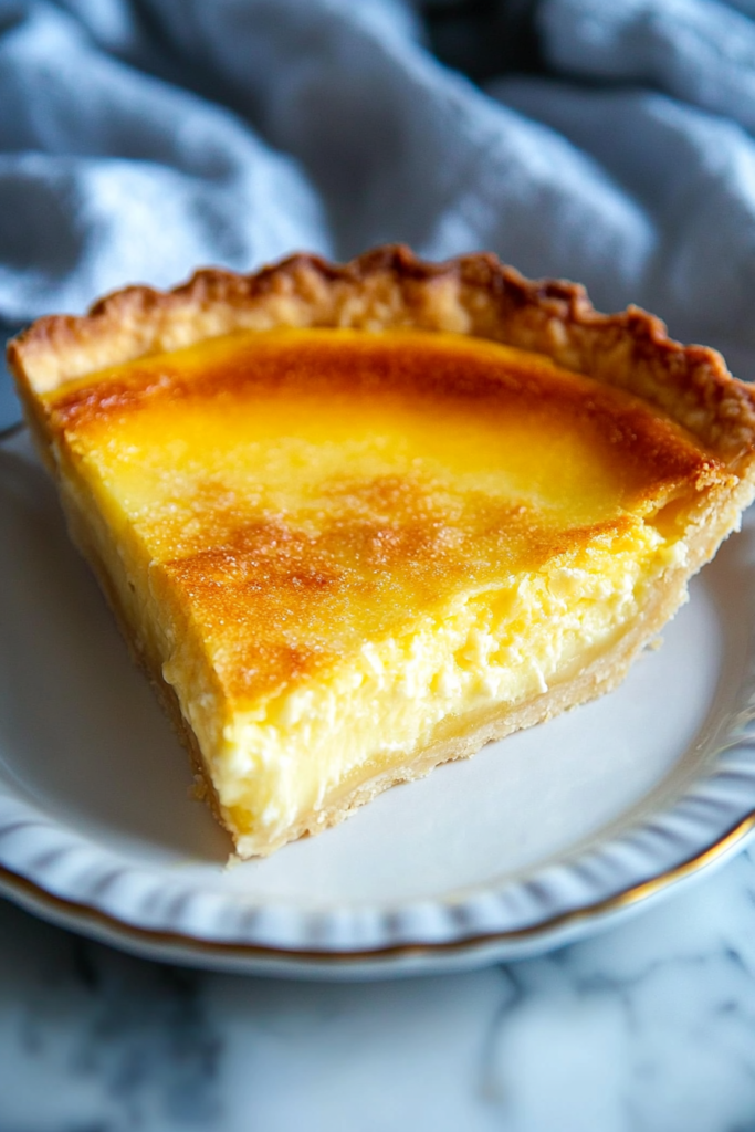 Warm pie slice resting on fine china, showcasing its rich filling and crisp edges.