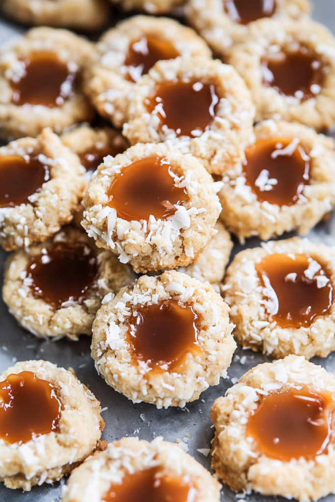 Close-up of crumbly cookies topped with rich caramel centers.