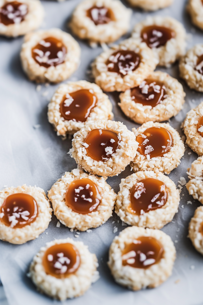 Golden thumbprint cookies filled with glossy caramel and edged in shredded coconut.