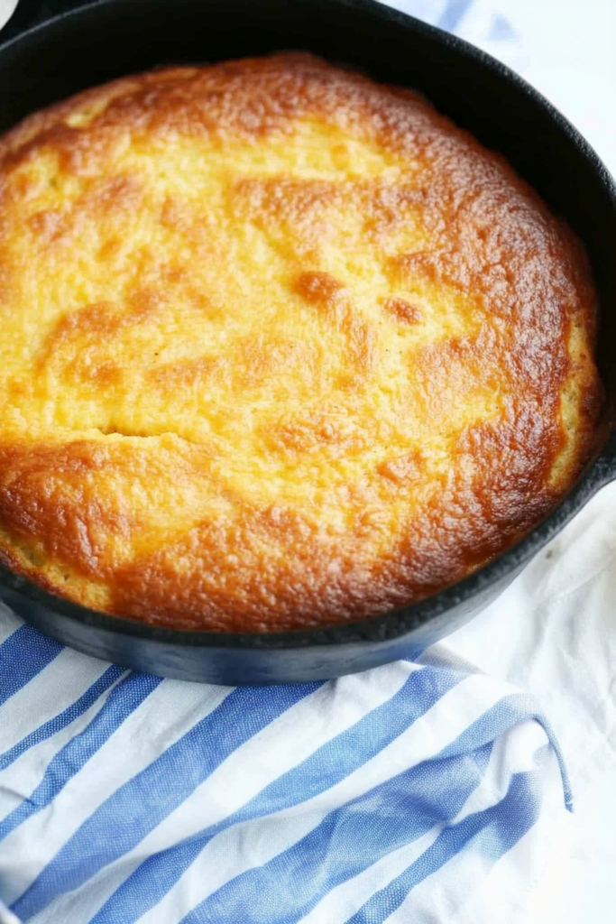 A skillet of spoon bread resting on a checkered cloth, highlighting its traditional Southern-style presentation.
