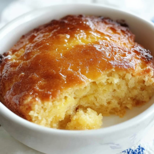 Spoon bread portioned onto a plate, showcasing its tender, custard-like consistency alongside a crisp edge.