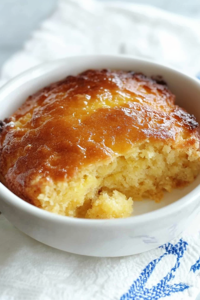 Spoon bread portioned onto a plate, showcasing its tender, custard-like consistency alongside a crisp edge.