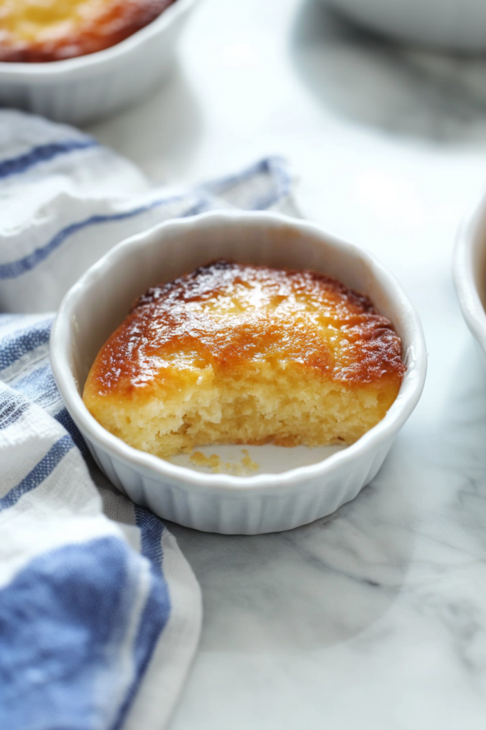 Golden spoon bread served warm in a rustic baking dish, its soft texture visible through gentle cracks on top.