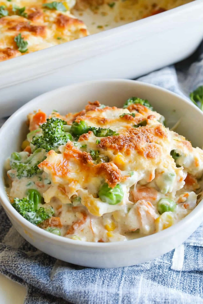 Hearty casserole showcasing vibrant vegetables coated in creamy sauce, finished with a crisp garnish.