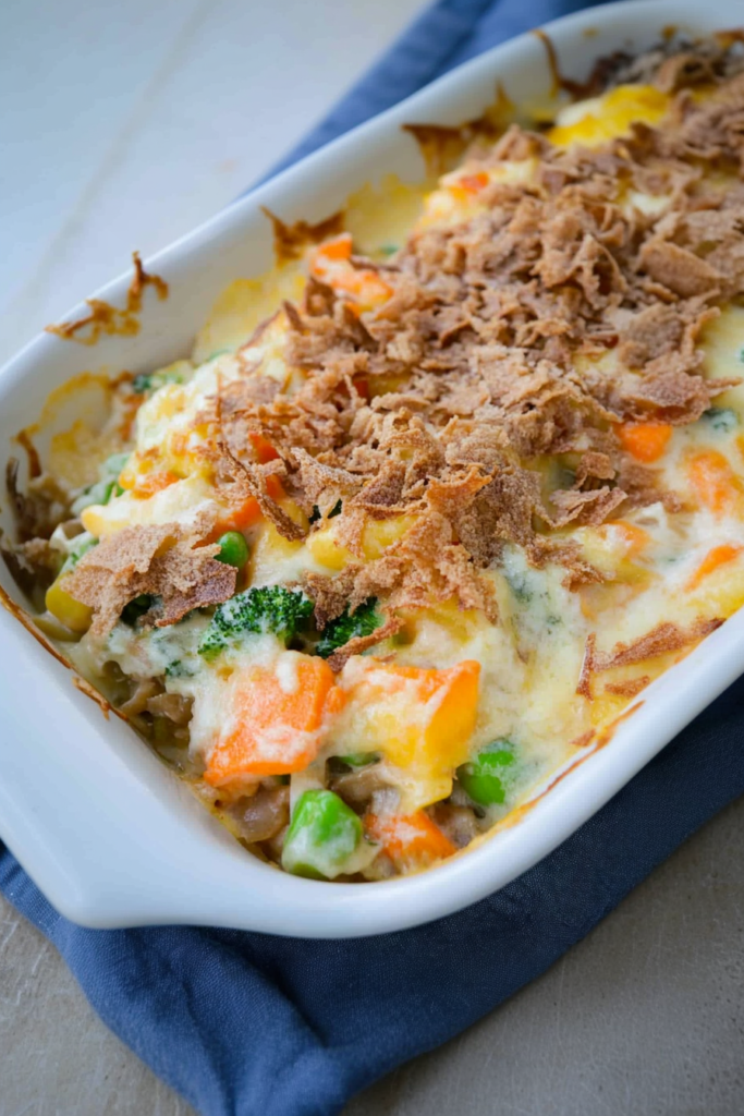White ceramic dish filled with baked vegetables in creamy sauce, topped with a golden crust of crispy onions.