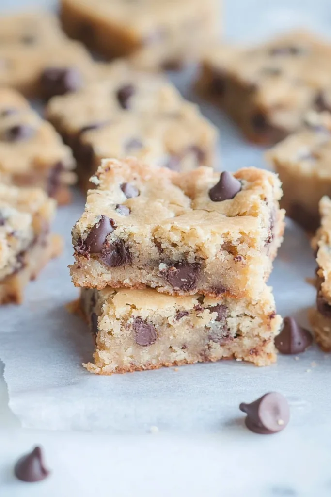 Homemade cookie bars with a golden crust and semi-sweet chocolate chips throughout.