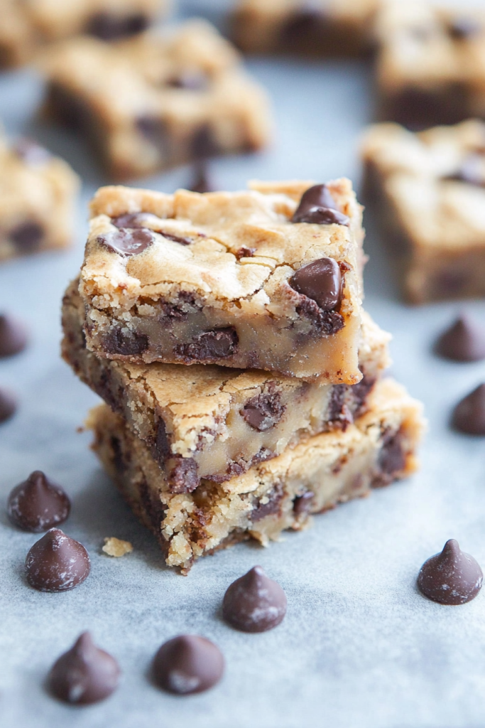 Stack of golden cookie bars with visible chocolate chips, one showing a moist interior bite.