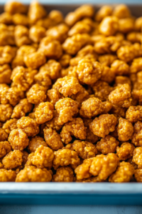 Close-up of crunchy caramel-coated corn puffs piled high in a pan.