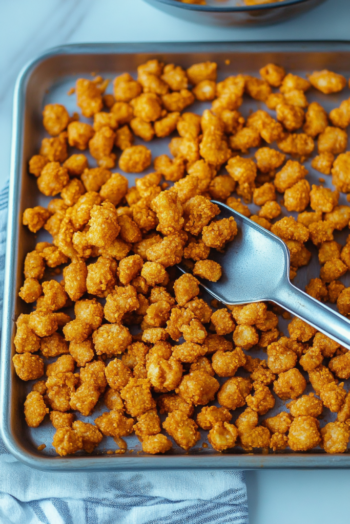 Golden bite-sized snack pieces with a crisp sugary coating, freshly made.