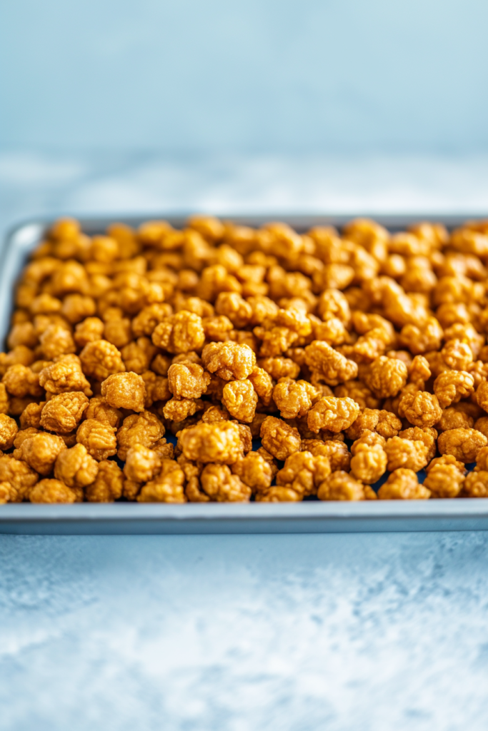 Sweet and crispy puffed corn treats cooling in a baking dish.