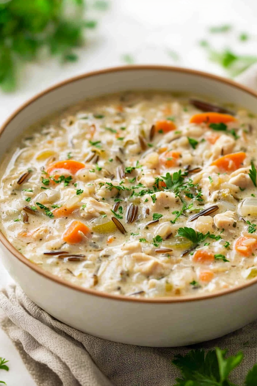 Close-up of hearty chicken and rice soup with vegetables in a rich, creamy broth