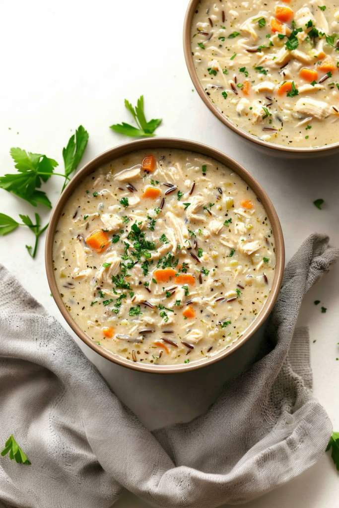 Warm bowl of comforting soup with tender chicken, rice, and fresh parsley