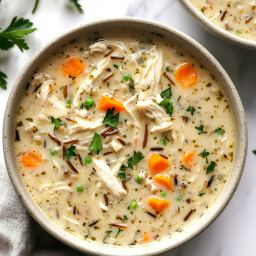 Thick and creamy soup filled with chicken, vegetables, and grains