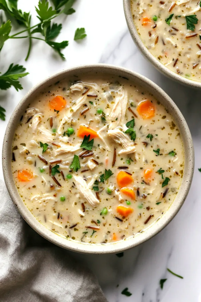 Thick and creamy soup filled with chicken, vegetables, and grains