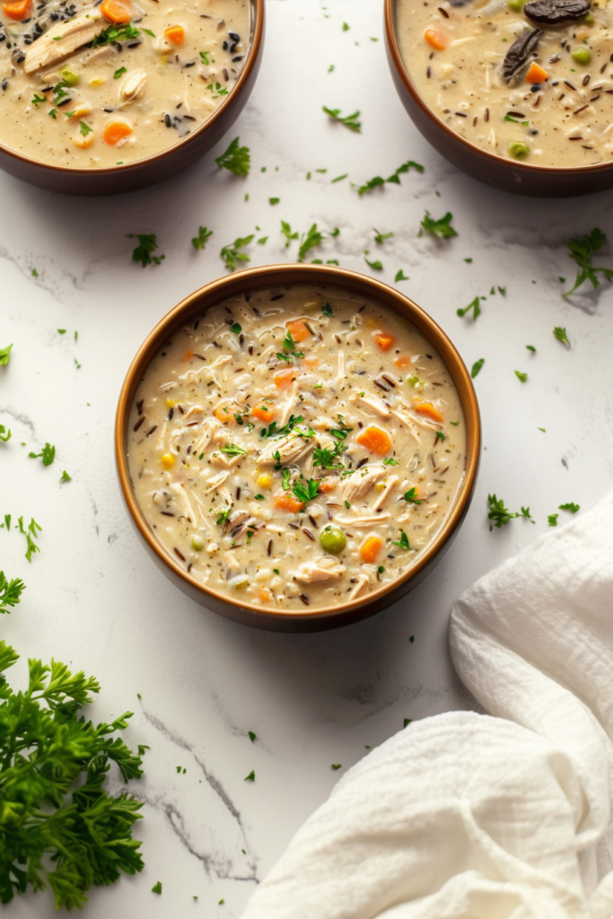 Creamy chicken soup with wild rice, carrots, and herbs in a bowl