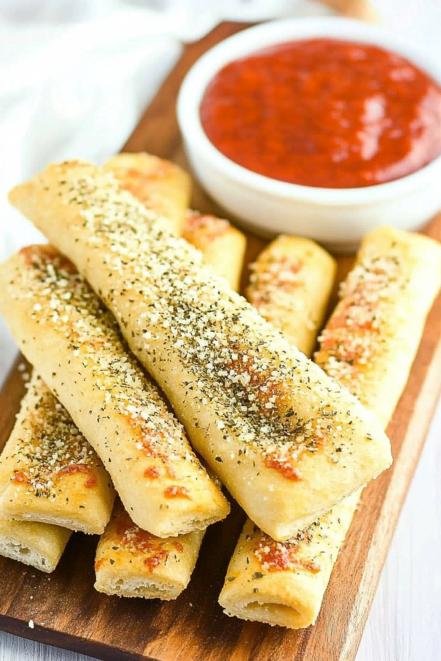 Golden-brown breadsticks topped with Parmesan and herbs, served on a wooden board with marinara dip