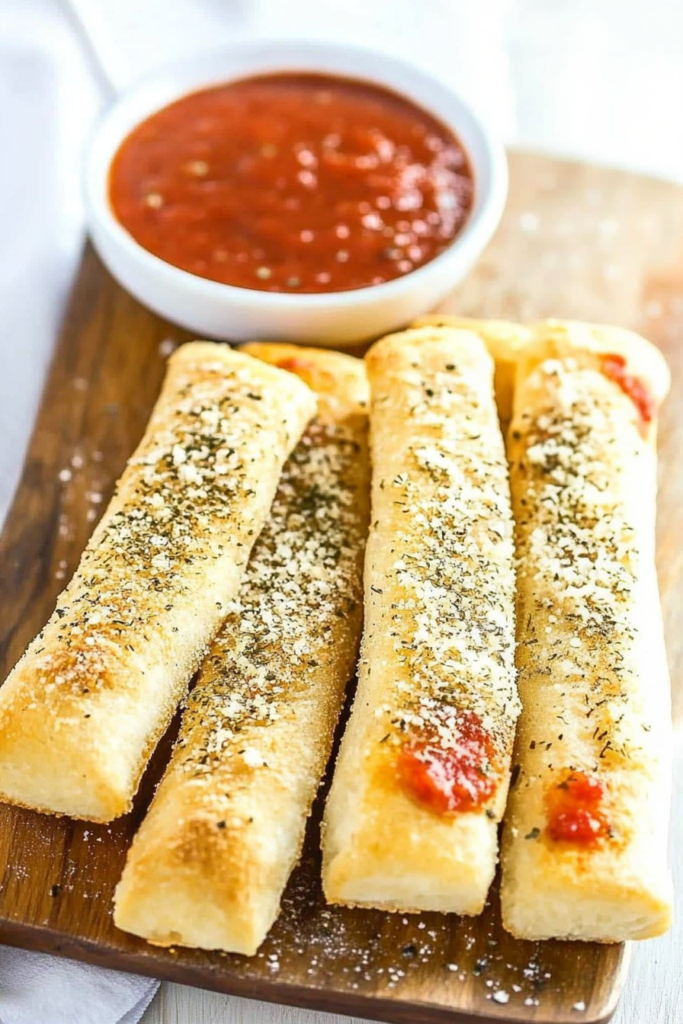 Freshly baked breadsticks arranged neatly on a rustic board with dipping sauce in the background