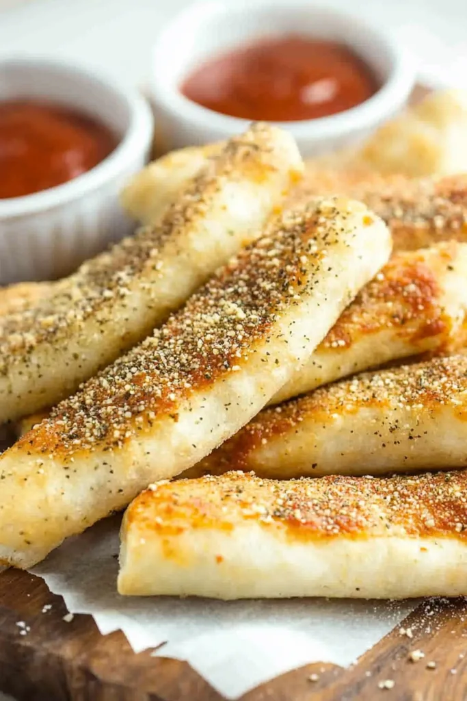 Final serving of breadsticks styled with grated cheese, seasoning, and a side of marinara sauce