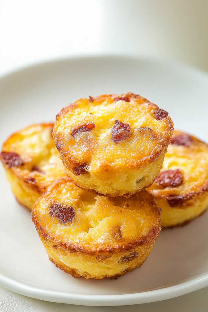 Stacked egg bites on a white plate, highlighting their moist texture and speckled ingredients.
