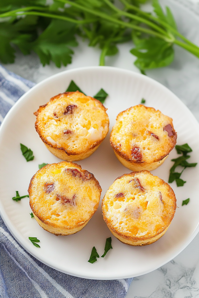Plate of golden, fluffy egg bites with visible bits of savory filling.