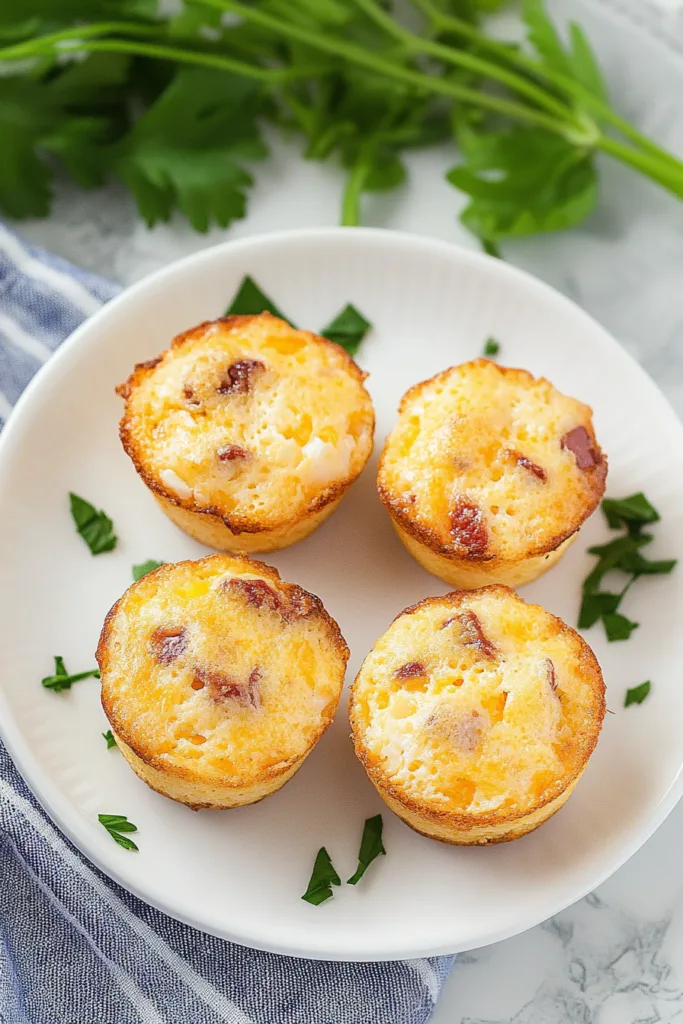 Plate of golden, fluffy egg bites with visible bits of savory filling.