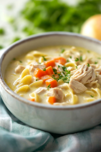 Hearty homemade chicken noodle soup with shredded chicken and vegetables in a creamy broth.