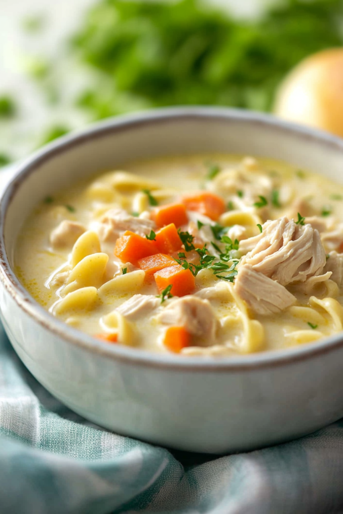 Hearty homemade chicken noodle soup with shredded chicken and vegetables in a creamy broth.