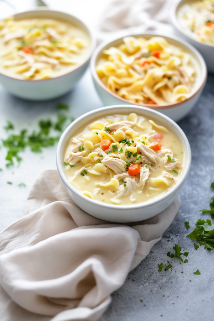 Warm bowl of creamy noodle soup with chunks of chicken, carrots, and parsley garnish.