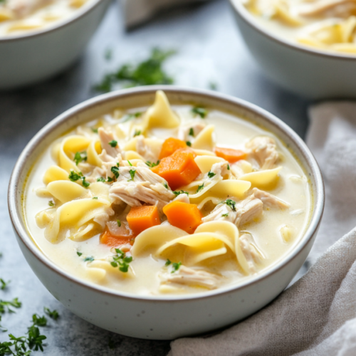 Rich and comforting chicken and noodle soup served in a rustic bowl.