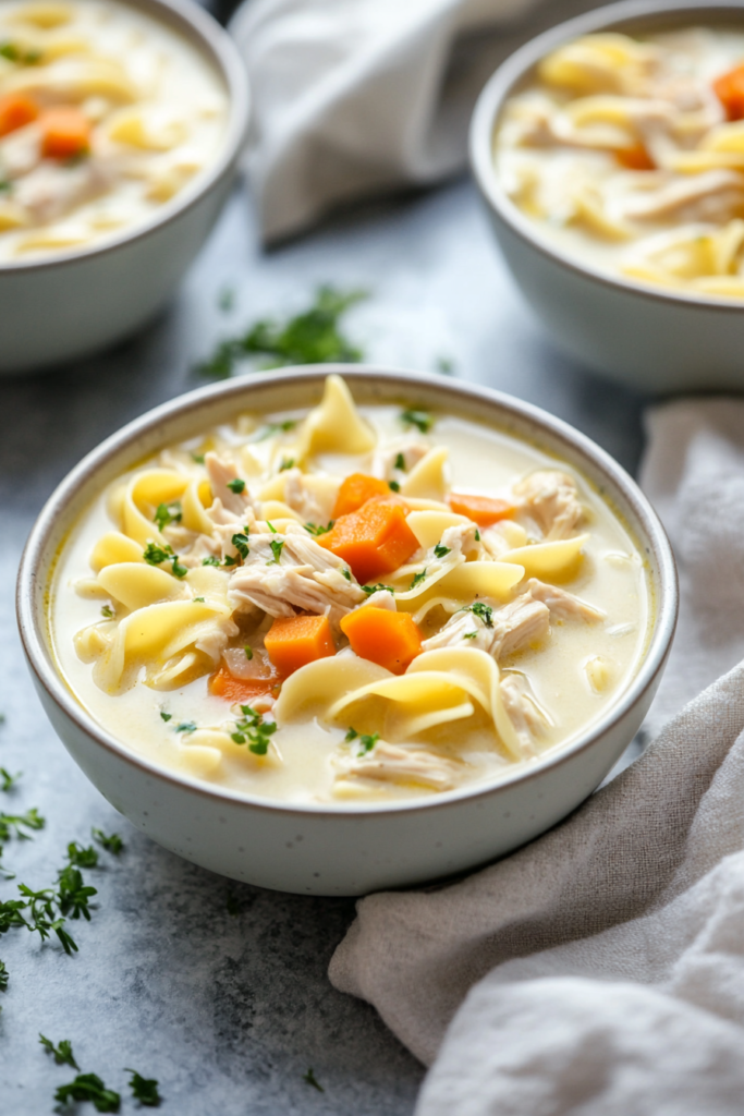 Rich and comforting chicken and noodle soup served in a rustic bowl.