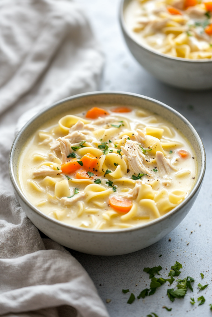 Creamy chicken noodle soup with shredded chicken, carrots, and tender pasta in a bowl.