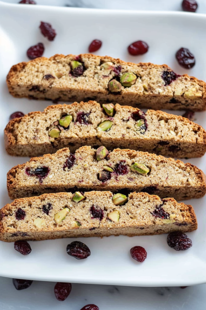 Close-up of crisp biscotti showing green nuts and red fruit pieces.