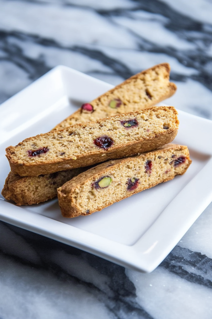 Stacked biscotti with colorful pistachio and cranberry accents against a neutral background.