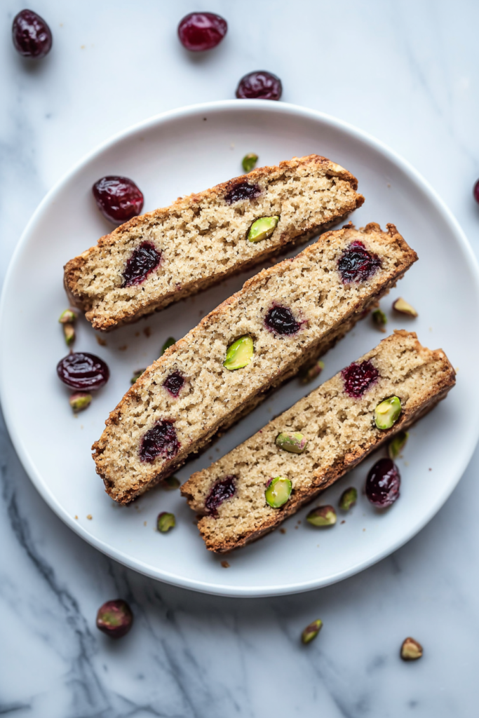 Golden biscotti slices on a white plate, dotted with pistachios and cranberries.