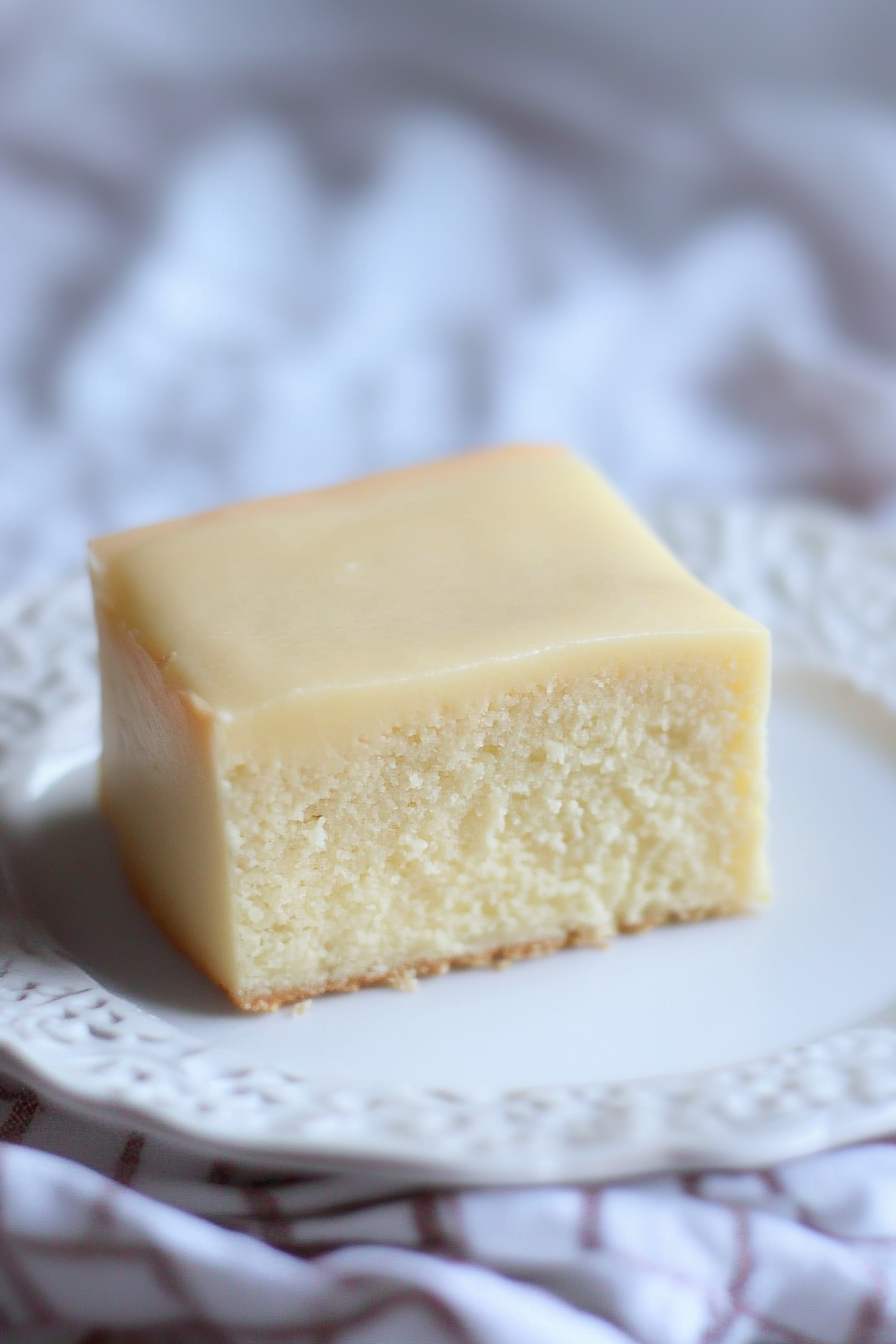 Thick slice of creamy dessert with a smooth top and buttery biscuit crust on a white plate.