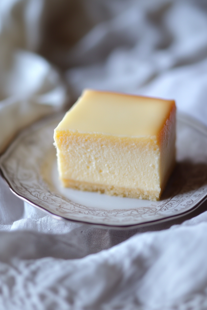 Elegant slice of creamy baked treat with a firm, glossy surface.