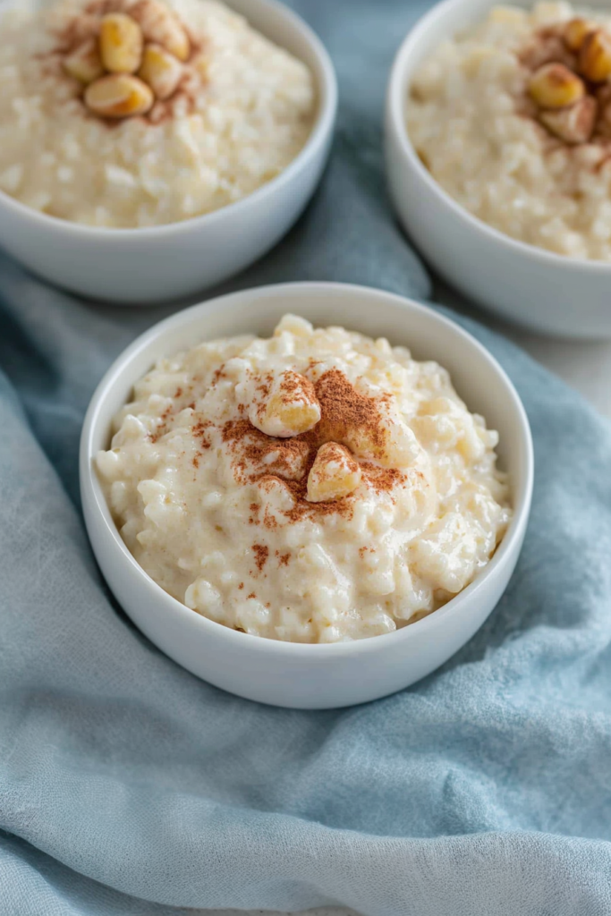 Bowl of creamy rice pudding topped with a sprinkle of cinnamon.