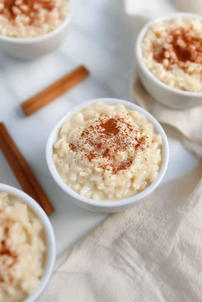 Homemade rice pudding served simply, highlighting its rich texture and subtle cinnamon garnish.