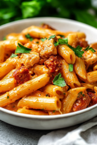 Hearty bowl of penne pasta in a creamy sauce with browned chorizo pieces.