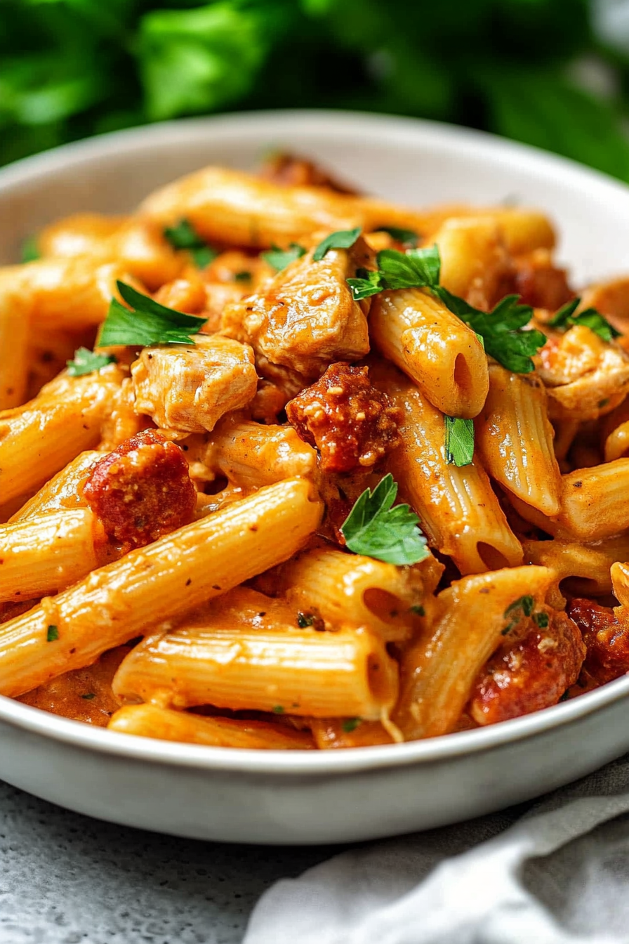 Hearty bowl of penne pasta in a creamy sauce with browned chorizo pieces.