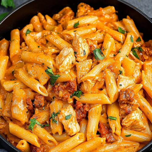 Homemade pasta dish with creamy tomato sauce and chunks of chorizo sausage.
