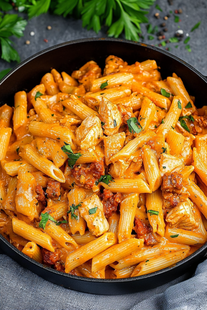 Homemade pasta dish with creamy tomato sauce and chunks of chorizo sausage.
