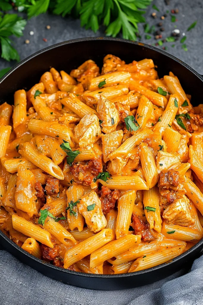 Homemade pasta dish with creamy tomato sauce and chunks of chorizo sausage.