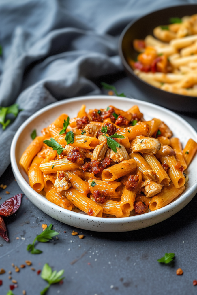 Bowl of penne pasta coated in a rich creamy sauce with chorizo and herbs.