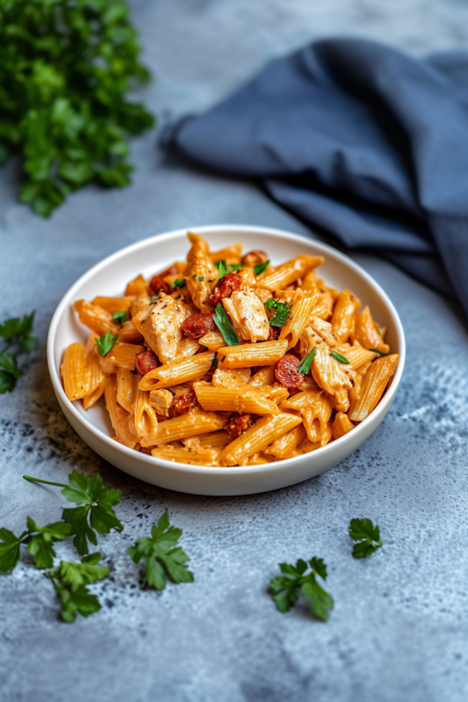 Creamy pasta with crispy chorizo pieces and tender chicken garnished with fresh parsley.