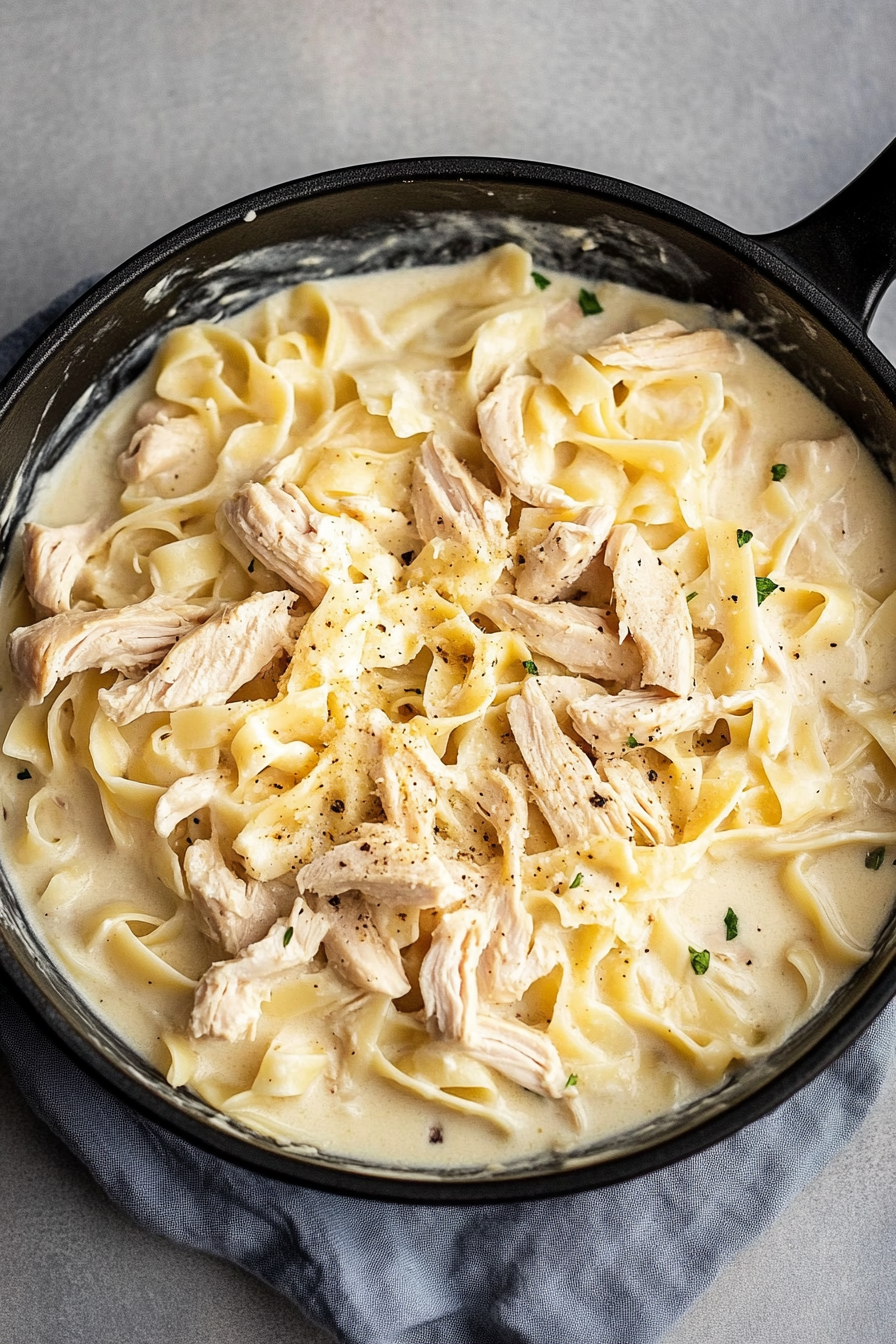 Creamy Rotisserie Chicken Alfredo served simply, highlighting tender chicken and smooth pasta sauce.