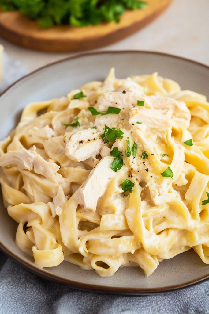 Close-up of pasta in rich cream sauce with tender chicken pieces and a sprinkle of black pepper.