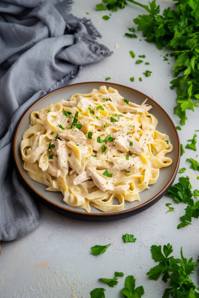 Wide fettuccine noodles coated in creamy Alfredo sauce, topped with sliced chicken breast and parsley.