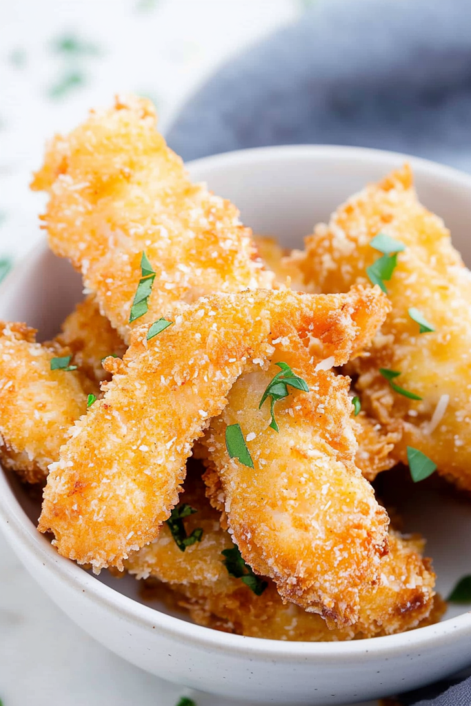 White ceramic bowl filled with golden-brown breaded chicken strips garnished with fresh herbs.