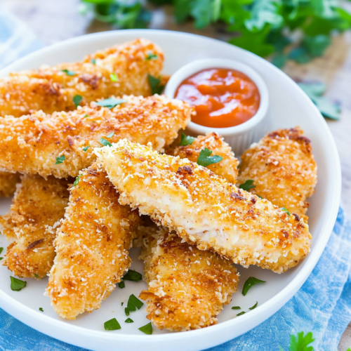 Appetizer bowl featuring crunchy chicken tenders with a fresh green accent.